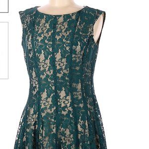 Julian Taylor Women's Rose lace fit and flare dress, Dark green/Nude, Size 8